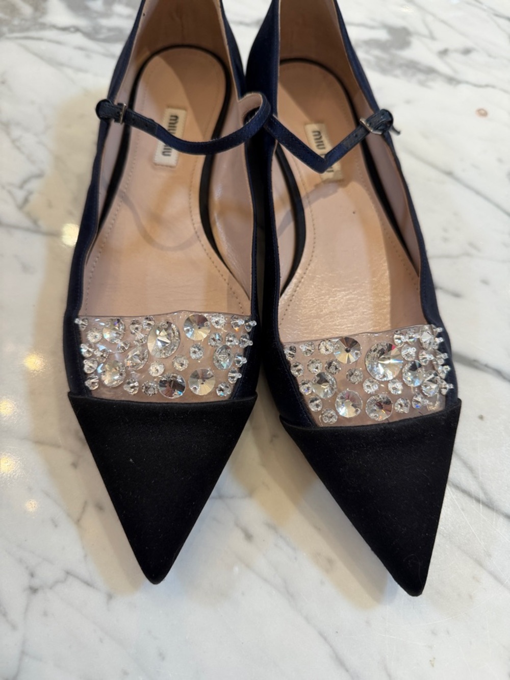 Miu Miu Black Pointed Crystal-Embellished Mary Jane Flats